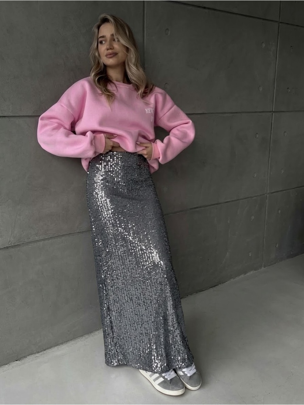 Silver Sequin Maxi Skirt – Soft & Non-Scratchy Size S
